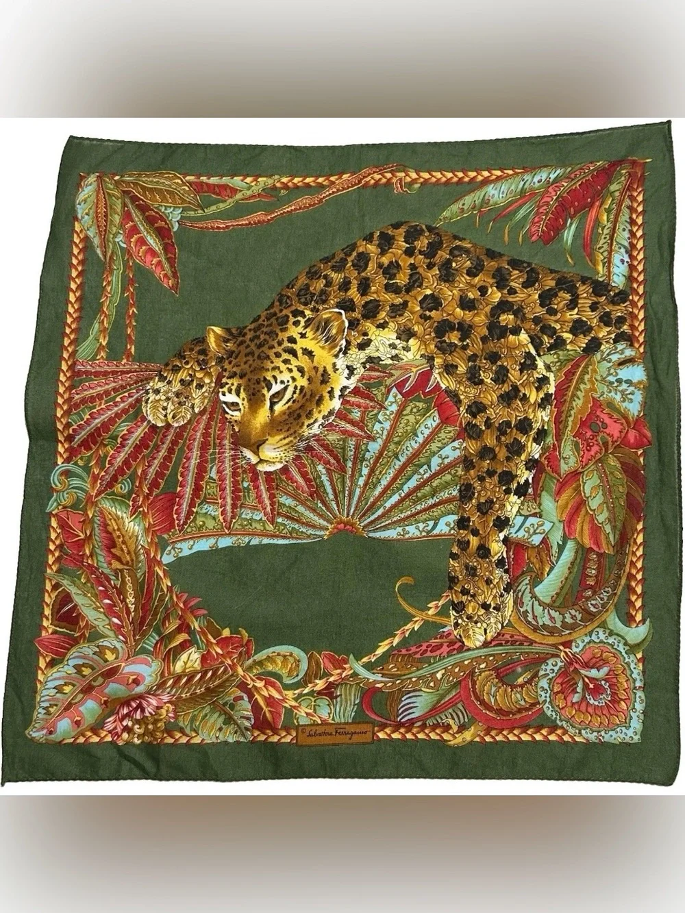 Salvatore Ferragamo Leopard Jungle Gavroche Pocket Square Scarf 42cm Italy